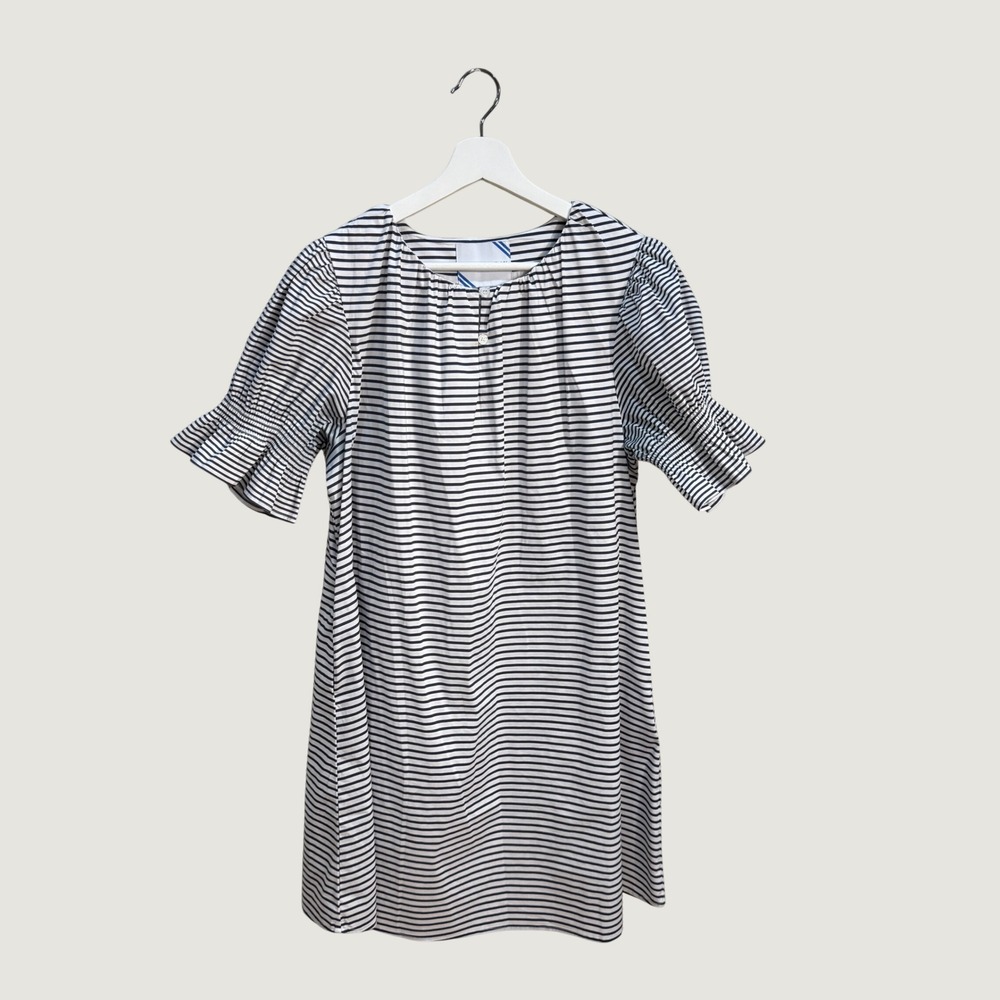 Addison Bay Striped Mini Dress Navy White L Preppy Coastal Smocked Sleeve *READ